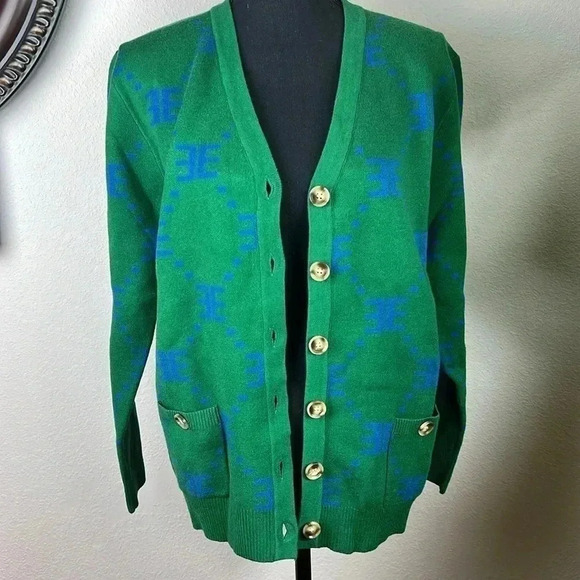 Ell and Emm Women’s Green Royal Blue EE V-Neck Cardigan Sweater Jumper Size M/L - Picture 11 of 14